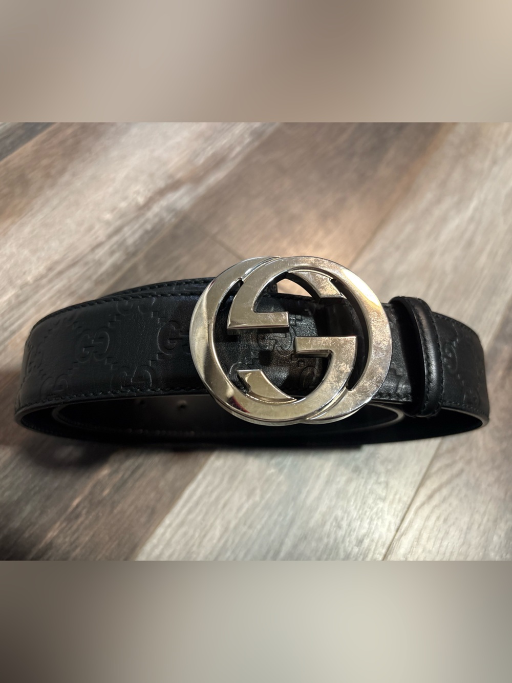 Authentic Gucci Black Guccissima Leather Silver Interlocking G Buckle Belt - Picture 3 of 11